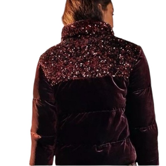 Anthropology Maeve Vera velvet burgundy sequins puffer jacket size medium - Picture 2 of 14